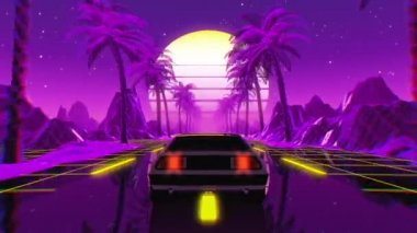 80 'lerin geçmişe dönük fütüristik bilim kurgu kusursuz döngüsü. Vintage arabalı VJ manzarası