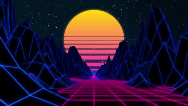 Bucle retro futurista de ciencia ficción sin costuras de los 80. Paisaje VJ con luces de neón — Vídeos de Stock