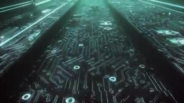 Loop 3D de uma placa-mãe com microchips, transistores e semicondutores — Vídeo de Stock