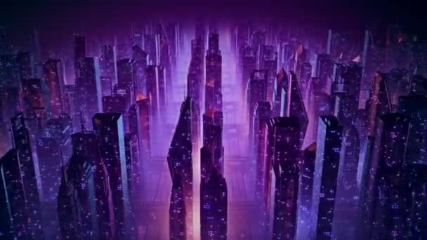 Animación en 3D retrowave de los años 80 de un paisaje urbano retro con luces de neón brillantes — Vídeos de Stock