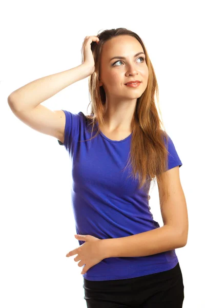 Retrato de una hermosa joven mirando a la cámara y sm — Foto de Stock