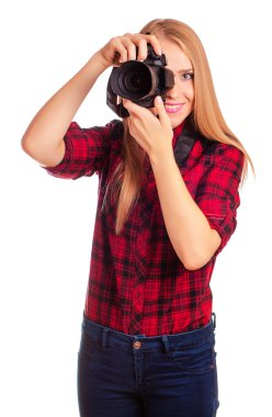 Çekici kadın fotoğrafçı profesyonel tutan kamera - ben
