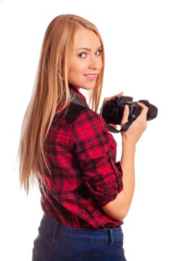 Kadın fotoğrafçı arkanı çekim yaparken - whit üzerinde izole