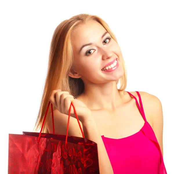 Retrato joven adulto chica con bolsa roja — Foto de Stock