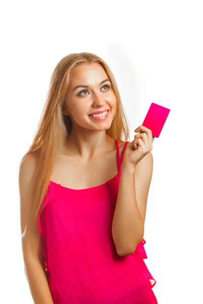 Young woman holding gift cards — Stock Photo, Image
