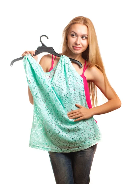 Woman trying on blouse — Stock Photo, Image