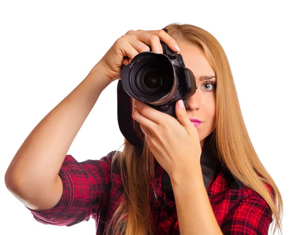 Fotógrafo feminino atraente segurando uma câmera profissional - i — Fotografia de Stock