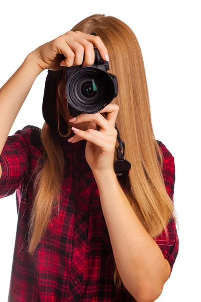 Aantrekkelijke vrouwelijke fotograaf die een professionele camera - Ik — Stockfoto