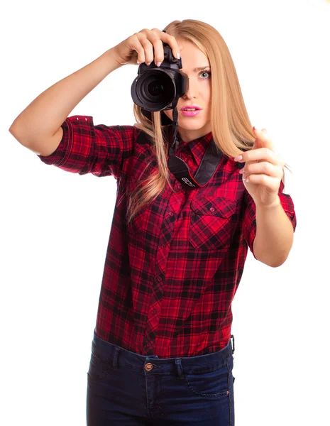 Seksowny dama fotograf ma zdjęć - na białym tle — Zdjęcie stockowe