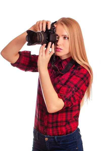Glamour fotógrafo amador segurando uma câmera profissional - iso — Fotografia de Stock