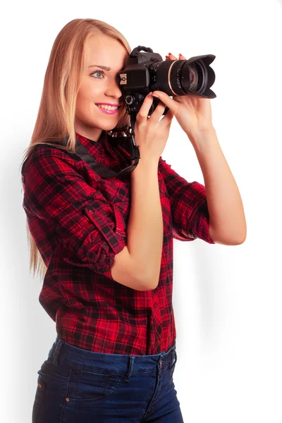 Glamour fotógrafo amador segurando uma câmera profissional - iso — Fotografia de Stock