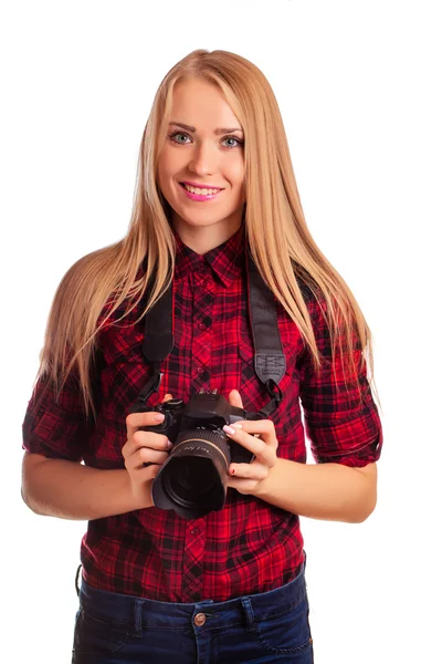 Glamour fotógrafo amador segurando uma câmera profissional - iso — Fotografia de Stock