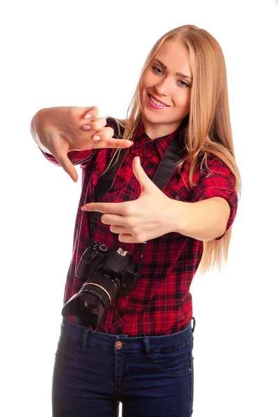 Female photographer making a frame with fingers  isolated over w — Stock Photo, Image