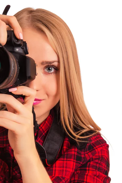 Fotógrafo feminino atraente segurando uma câmera profissional - i — Fotografia de Stock