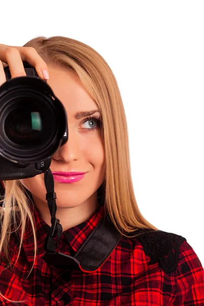 Aantrekkelijke vrouwelijke fotograaf die een professionele camera - Ik — Stockfoto