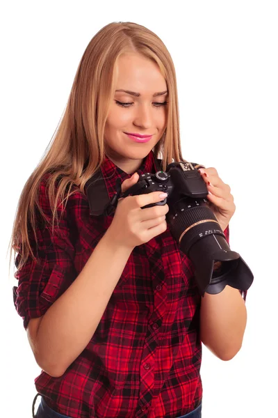 Glamour vrouw fotograaf op zoek ongelukkig op het scherm van haar — Stockfoto