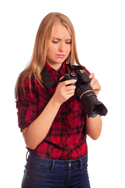 Seksowny dama fotograf poszukuje niezadowolony z ekranu jej — Zdjęcie stockowe