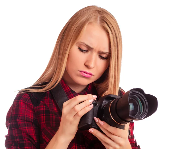 Çekici kadın fotoğrafçı onu profesyonel kamera eğitim 