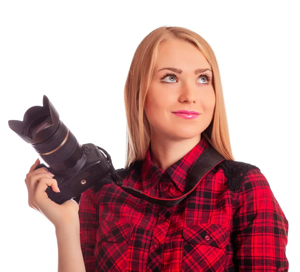 Fotógrafo de mulher que pensa que atirar - isolado em branco — Fotografia de Stock