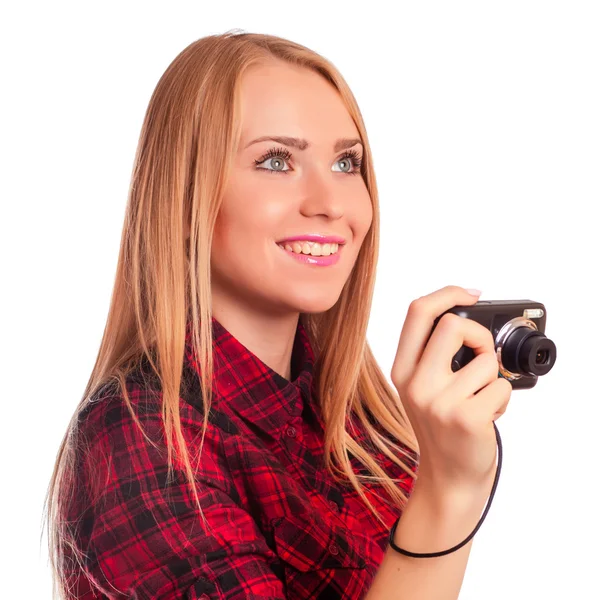 Glamour female photographer holding a compact camera - isolated — Stock Photo, Image