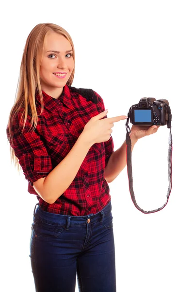 Attractive female photographer showing screen of camera  - isola — Stock Photo, Image