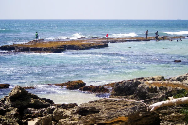 Hermosa playa con agua azul y piedras oscuras —  Fotos de Stock