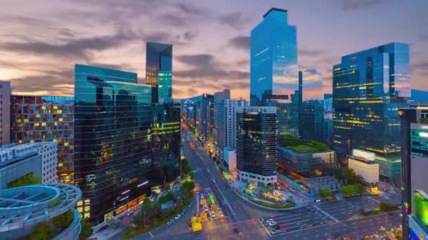 View Traffic Twilight Downtown Gangnam Sqare Seoul City South Korea — Stock Video