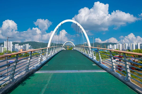 Seul 'de güzel bir kavşakta yüzen bir köprü. Açık bir günde. Arka planda yaya trafiği yok ve ufuk çizgisi yok. 