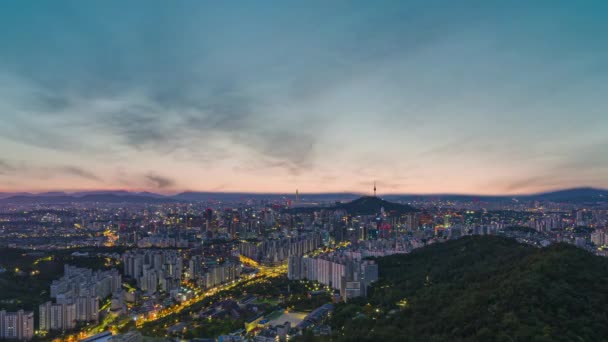 Flygfoto Soluppgång Vid Seoul City Och Färgglada Soluppgång Färgad Himmel — Stockvideo