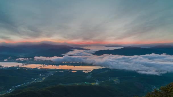 Nascer Sol Nebuloso Manhã Fora Cidade Vista Superior Yebinsan Mountains — Vídeo de Stock