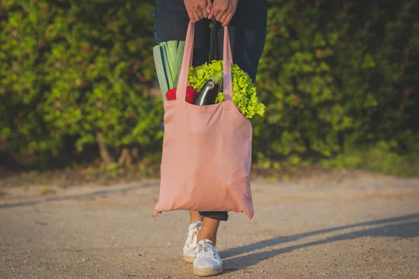 Woman with pink reusable eco bag with fresh bio vegetables. Eggplant, red bell paper and green lettuce salad leaves. Plant based vegan diet. Healthy food clean eating. Zero waste, plastic free