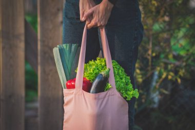 Yeniden kullanılabilir pembe poşet dolusu taze biyo-sebzeli kadın elleri. Sıfır atık, plastiksiz konsept
