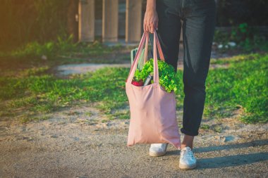 Arka bahçeden taze biyo-sebzelerle dolu çevre dostu, yeniden kullanılabilir market poşeti tutan bir kadın. Sağlıklı organik yiyecekler. Sıfır atık, plastiksiz konsept