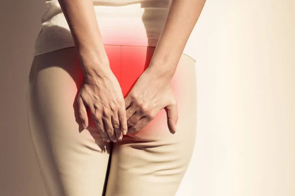 Pain Caused Hemorrhoid Woman Suffering Hemorrhoid Woman Hands Holding Her — Stock Photo, Image