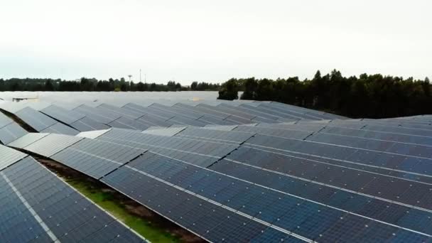 Vista superior o aérea de la granja de paneles de centrales solares de ecología. Filas de paneles solares fotovoltaicos modernos. El dron vuela sobre la granja solar. Energía verde renovable — Vídeos de Stock