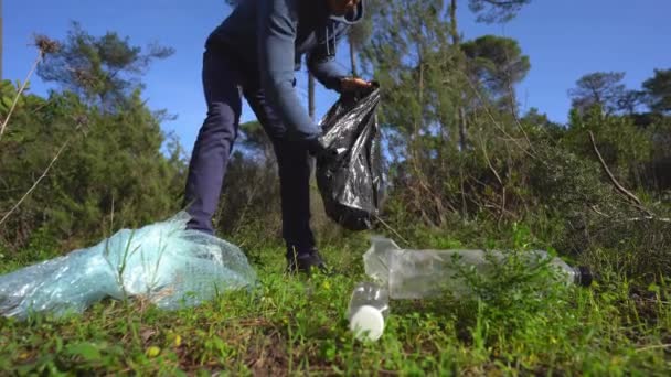 Человек очищает лес от пластикового мусора. Очистка природы. Доброволец забирает пластик в лесу. Зеленая и чистая природа. Концепция пластмассового сознания и экологии Видеоклип