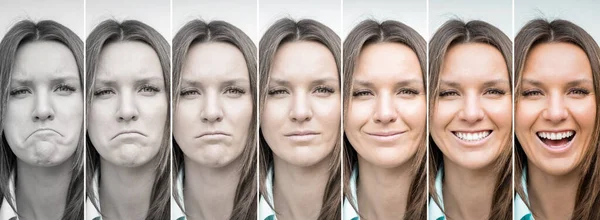 Woman emotions range from extremely sad to extremely happy. Sad and happy woman face. Young lady expressing different emotions. Mood disorders, bipolar disorder. Emotional contrast