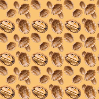 Cevizsiz arka plan. Kahverengi arka planda ceviz kabuğu ve çekirdek açın. Fındık manzaralı. Pankart. Pop sanat tasarımı