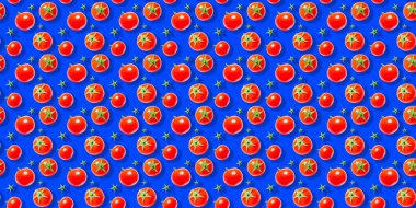 Mavi arka planda izole edilmiş taze kırmızı kiraz domateslerinin kusursuz sebze deseni. Üst Manzara. Pankart. Düz konum.