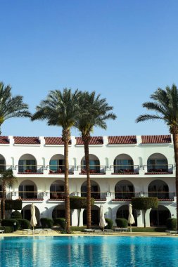 Tropikal bir ülkede gökyüzünün arka planında palmiye ağaçları ve beyaz bina