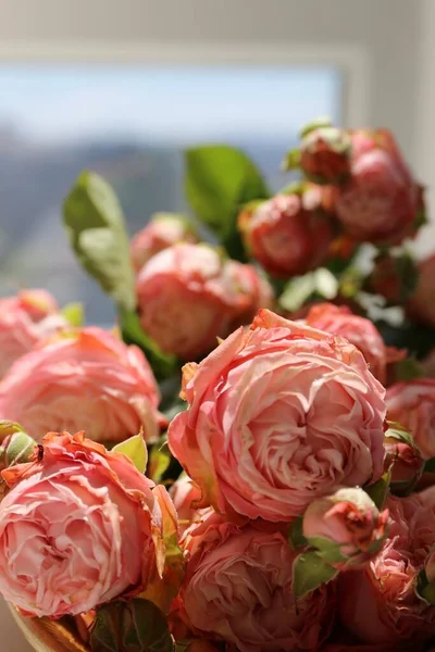 Belo Buquê Rosas Rosa Janela Fundo — Fotografia de Stock