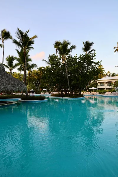 Gün doğumunda havuzda palmiye ağaçları