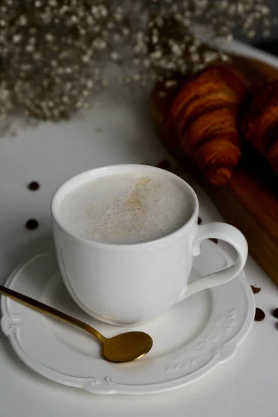 Taza Café Croissants Desayuno Una Francia —  Fotos de Stock