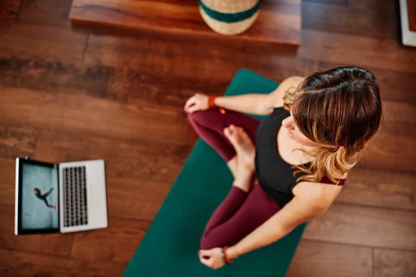 Focused Middle Aged Woman Doing Yoga Home Online Class Laptop — Stock Photo, Image