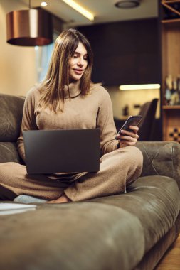 Evindeki kanepede oturan ve sosyal medyaya bağlanmak için dizüstü bilgisayar ve telefon kullanan sevimli hamile bir kadın..