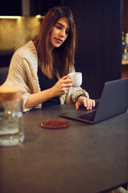 Yemek masasında oturan ve dizüstü bilgisayarını kullanan hamile bir kadın. İnternette çalışan ve kahve içen hamile bir kadın..