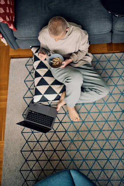 Top View Senior Woman Short Hair Sitting Floor Home Having — Stock Photo, Image