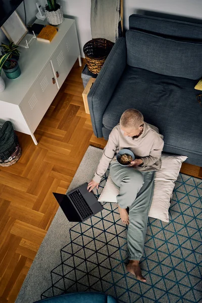 Top View Cute Senior Woman Sitting Floor Home Having Healthy — Stockfoto