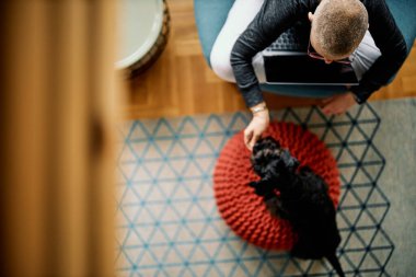 Dizüstü bilgisayarı kucağında oturan ve köpeğini okşayan kıdemli serbest çalışanın en iyi görüntüsü..