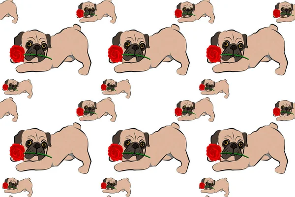 Dessin Motif Sans Couture Avec Chiot Pug Mignon Avec Rose — Photo